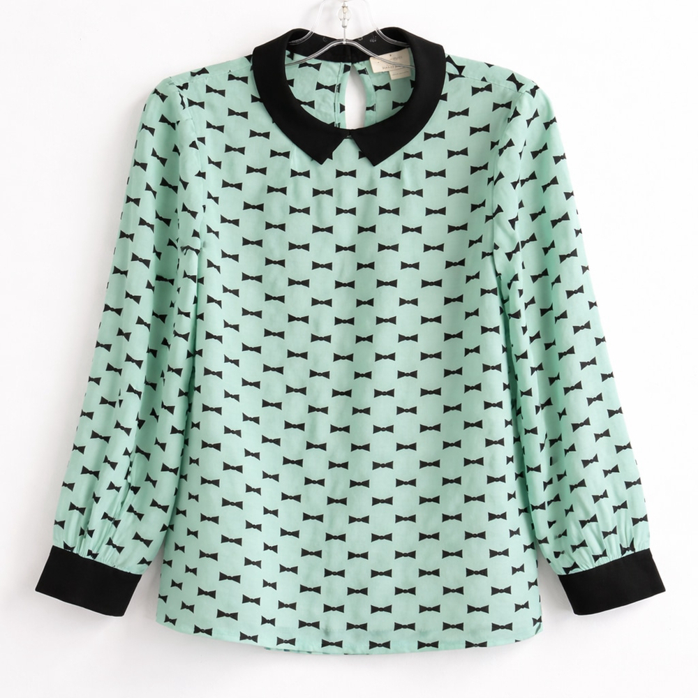 KATE SPADE Silk Blend Bow Print Blouse Black Collar Size 6